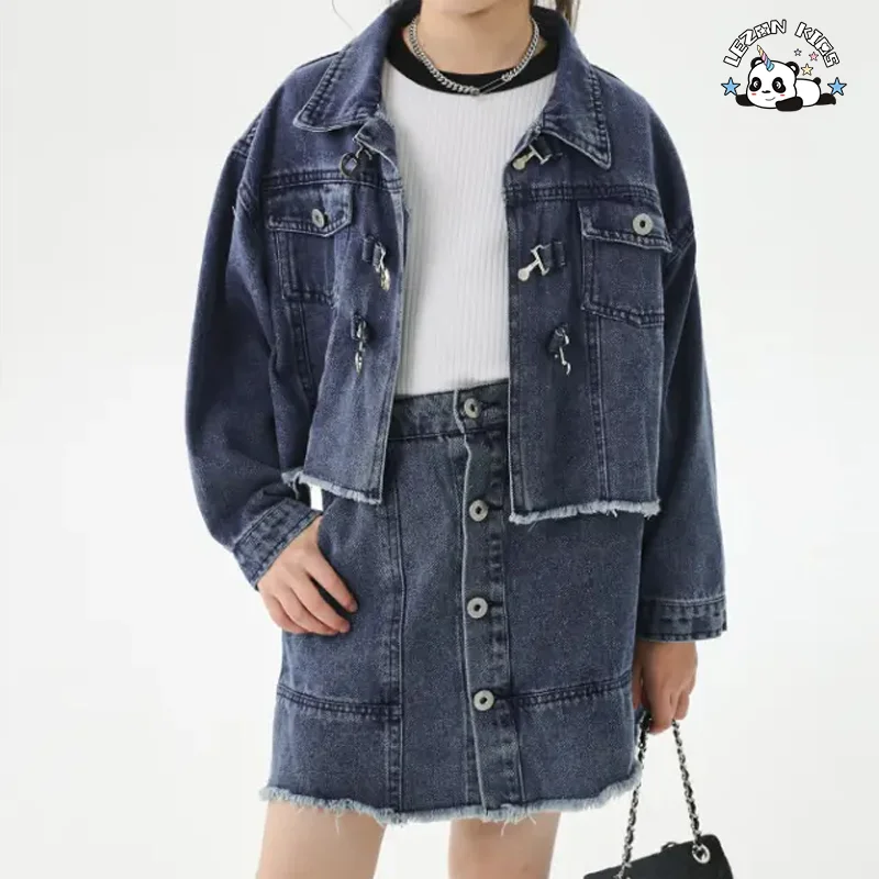LEZONKIDS - Customizable Denim Long Sleeve Jacket Button Skirt Girls Two-piece Set Skirt Suit Kids Clothing Set